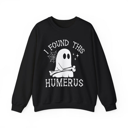 Black I Found This Humerus ghost sweatshirt with a cartoon ghost holding a bone, front view