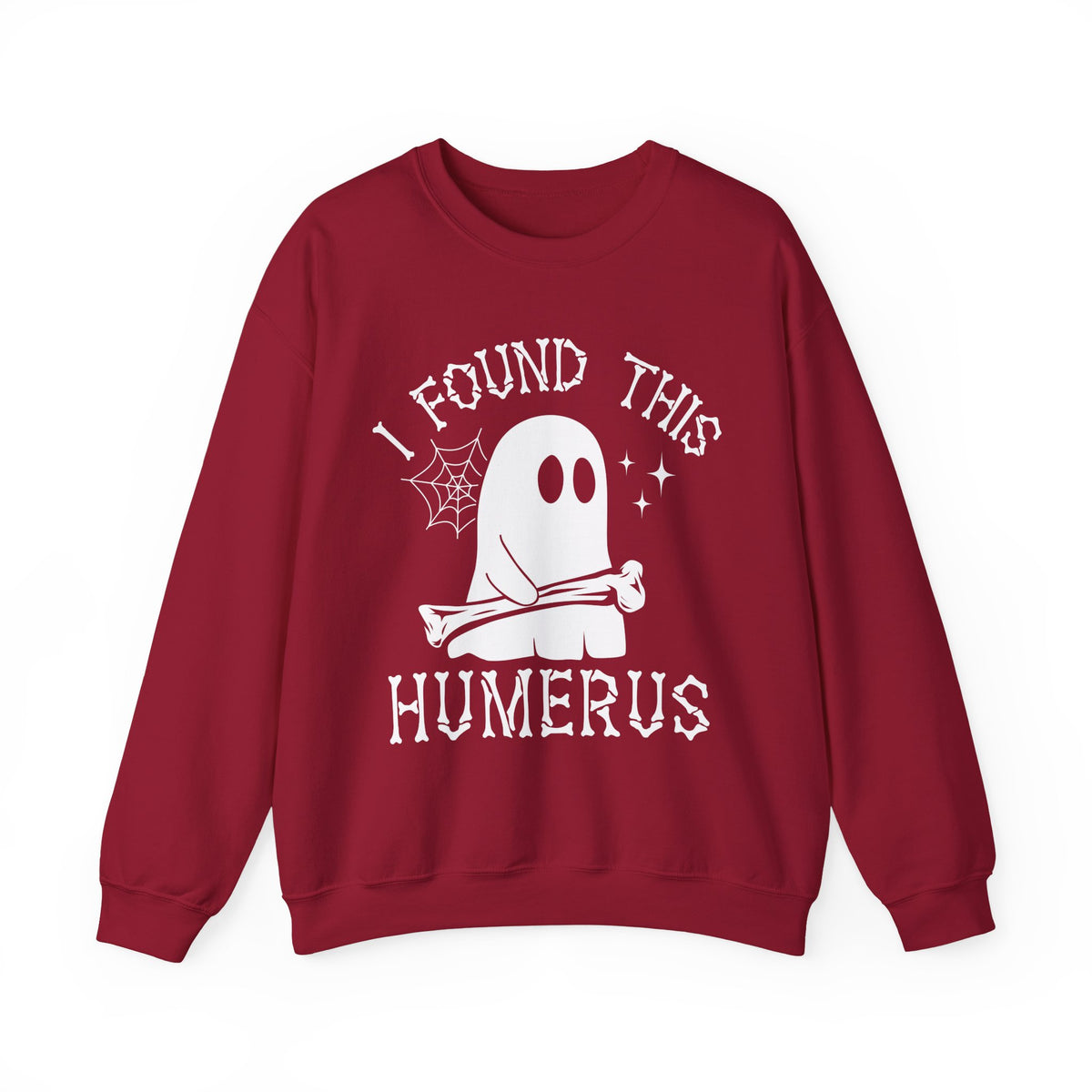 Cardinal Red I Found This Humerus ghost sweatshirt with a cartoon ghost holding a bone, front view