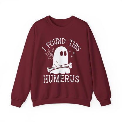 Garnet I Found This Humerus ghost sweatshirt with a cartoon ghost holding a bone, front view