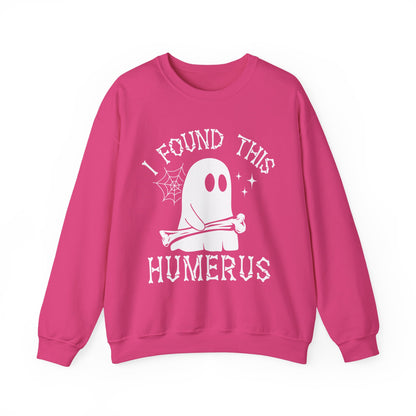 Heliconia I Found This Humerus ghost sweatshirt with a cartoon ghost holding a bone, front view