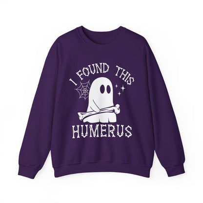 Purple I Found This Humerus ghost sweatshirt with a cartoon ghost holding a bone, front view