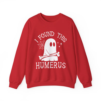 Red I Found This Humerus ghost sweatshirt with a cartoon ghost holding a bone, front view
