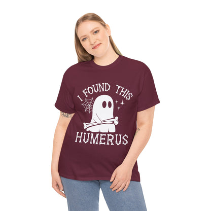 Woman wearing the I Found This Humerus ghost t-shirt, front view