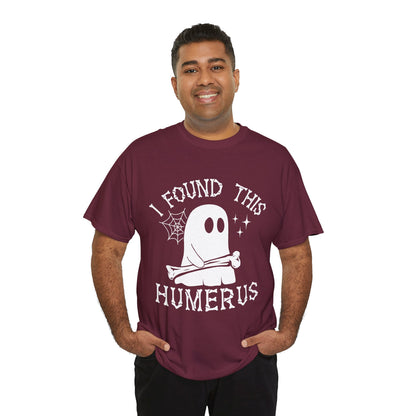 Man wearing the I Found This Humerus ghost t-shirt, front view