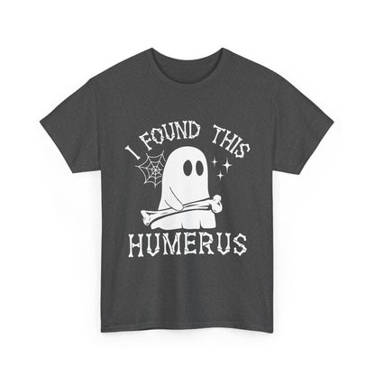 Dark Heather I Found This Humerus ghost t-shirt with a cartoon ghost holding a bone, front view
