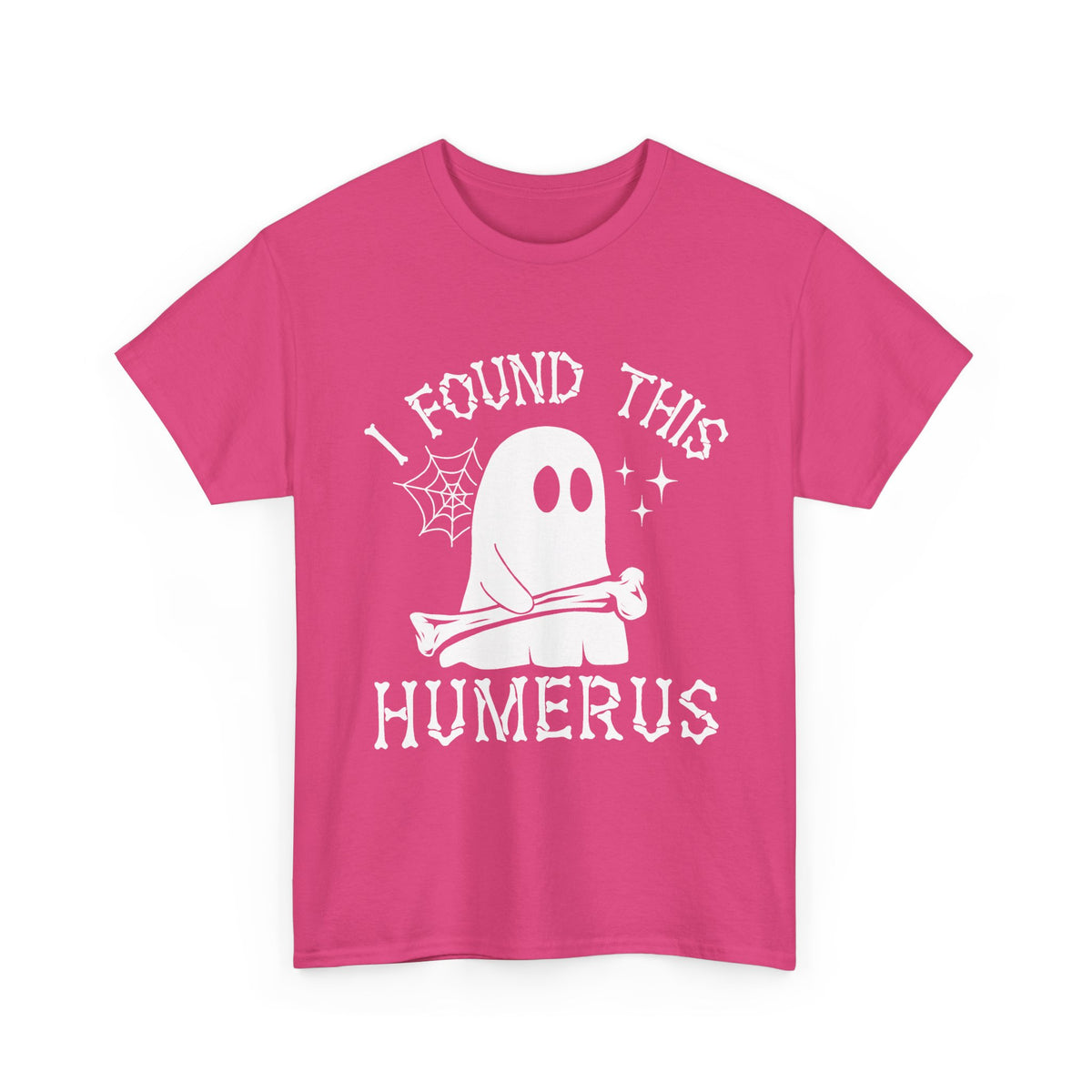 Heliconia I Found This Humerus ghost t-shirt with a cartoon ghost holding a bone, front view