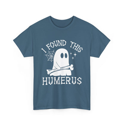 Indigo Blue I Found This Humerus ghost t-shirt with a cartoon ghost holding a bone, front view