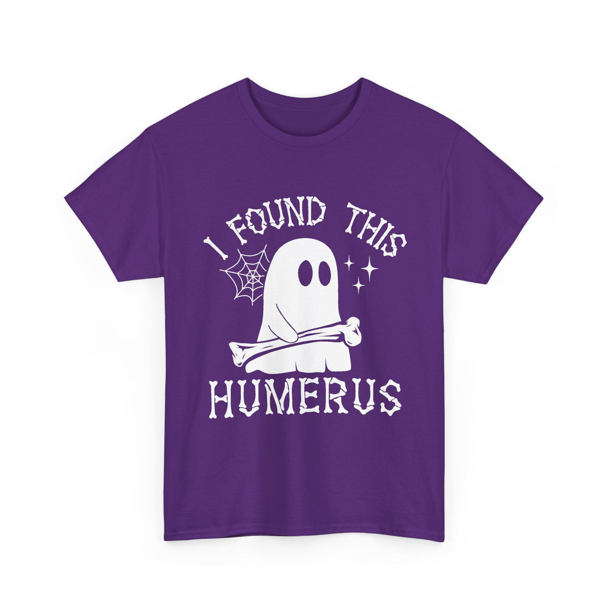 Purple I Found This Humerus ghost t-shirt with a cartoon ghost holding a bone, front view