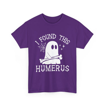 Purple I Found This Humerus ghost t-shirt with a cartoon ghost holding a bone, front view
