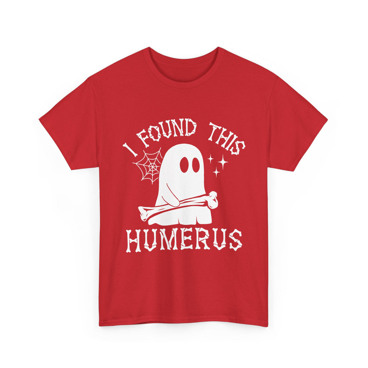 Red I Found This Humerus ghost t-shirt with a cartoon ghost holding a bone, front view