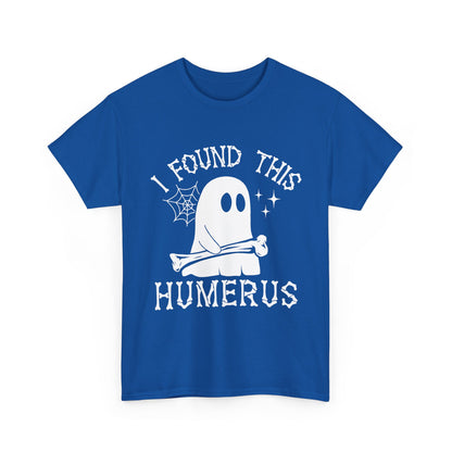Royal I Found This Humerus ghost t-shirt with a cartoon ghost holding a bone, front view