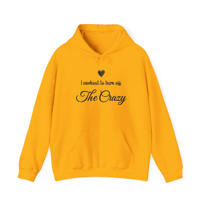 Gold I Workout To Burn Off The Crazy hoodie with script lettering and heart