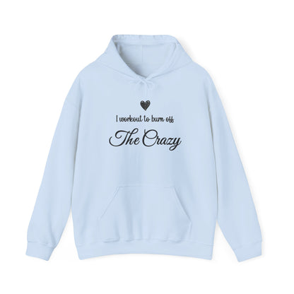 Light blue I Workout To Burn Off The Crazy hoodie with script lettering and heart