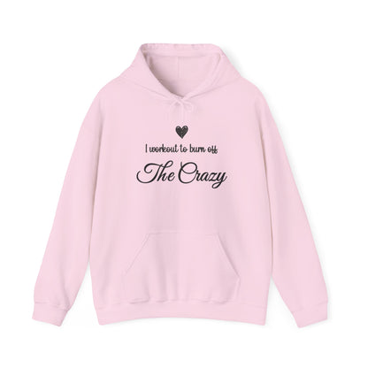 Light pink I Workout To Burn Off The Crazy hoodie with script lettering and heart