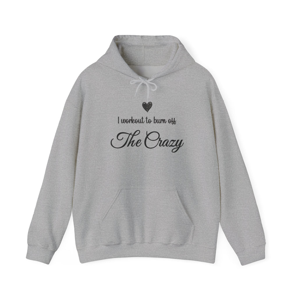 Sport Grey I Workout To Burn Off The Crazy script hoodie, front view