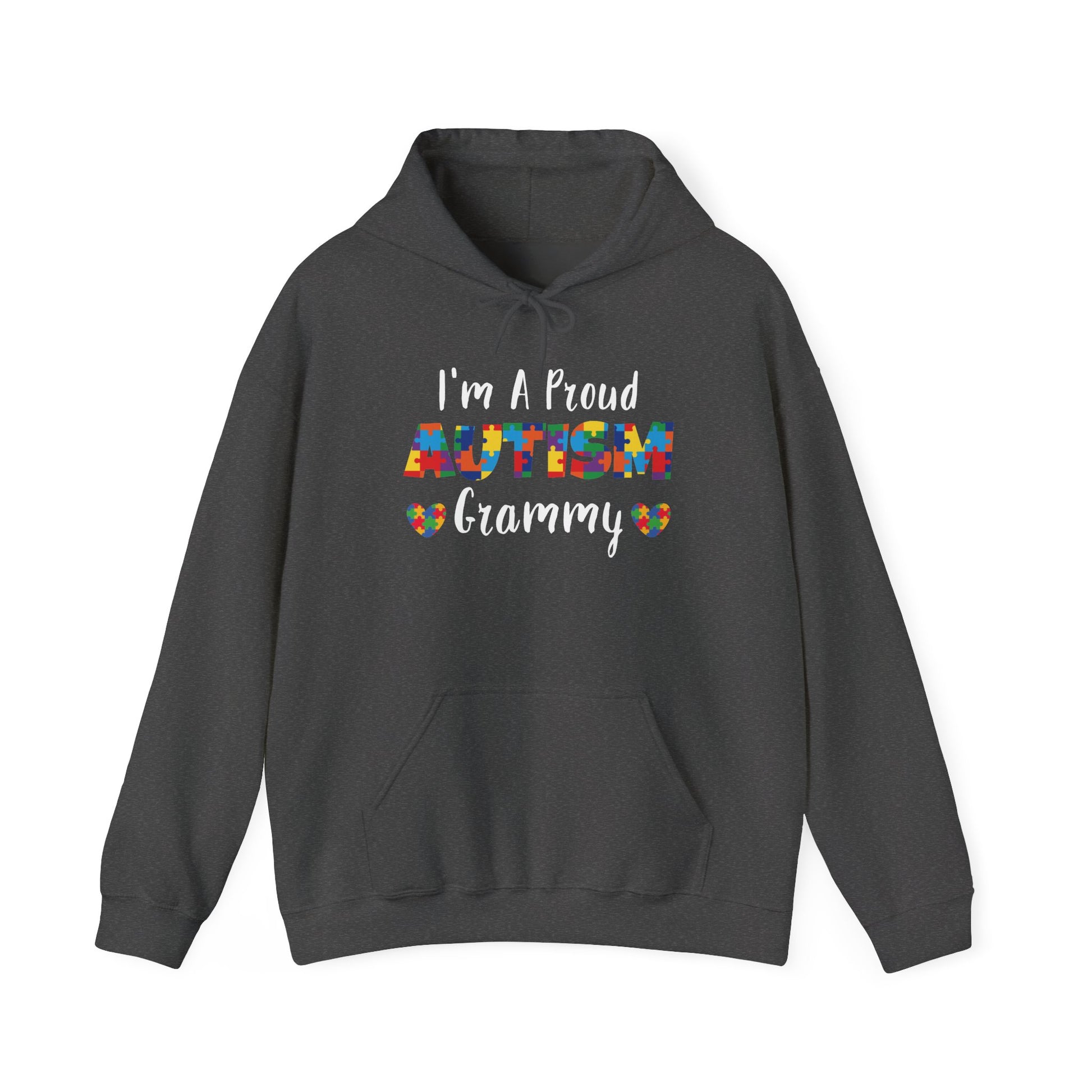 Dark heather I'm A Proud Autism Grammy hoodie with puzzle piece lettering and hearts