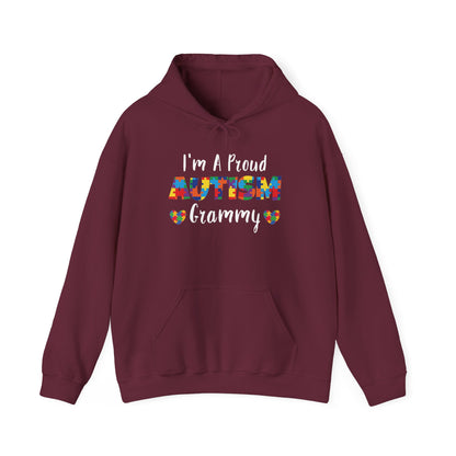 Maroon I'm A Proud Autism Grammy hoodie with puzzle piece lettering and hearts