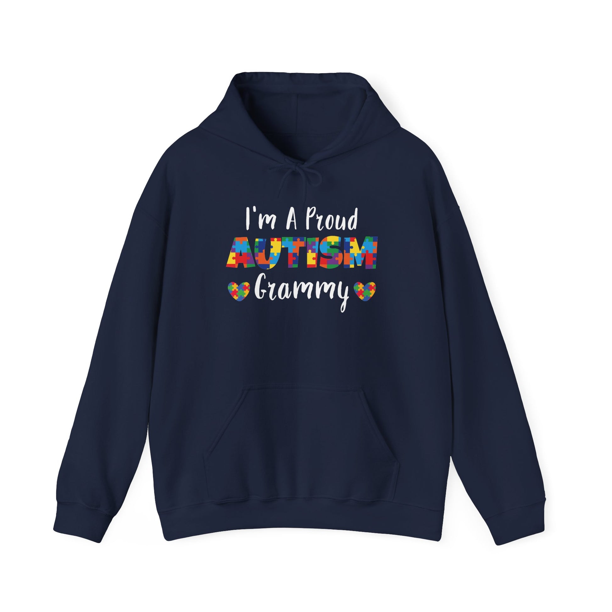 Navy I'm A Proud Autism Grammy hoodie with puzzle piece lettering and hearts