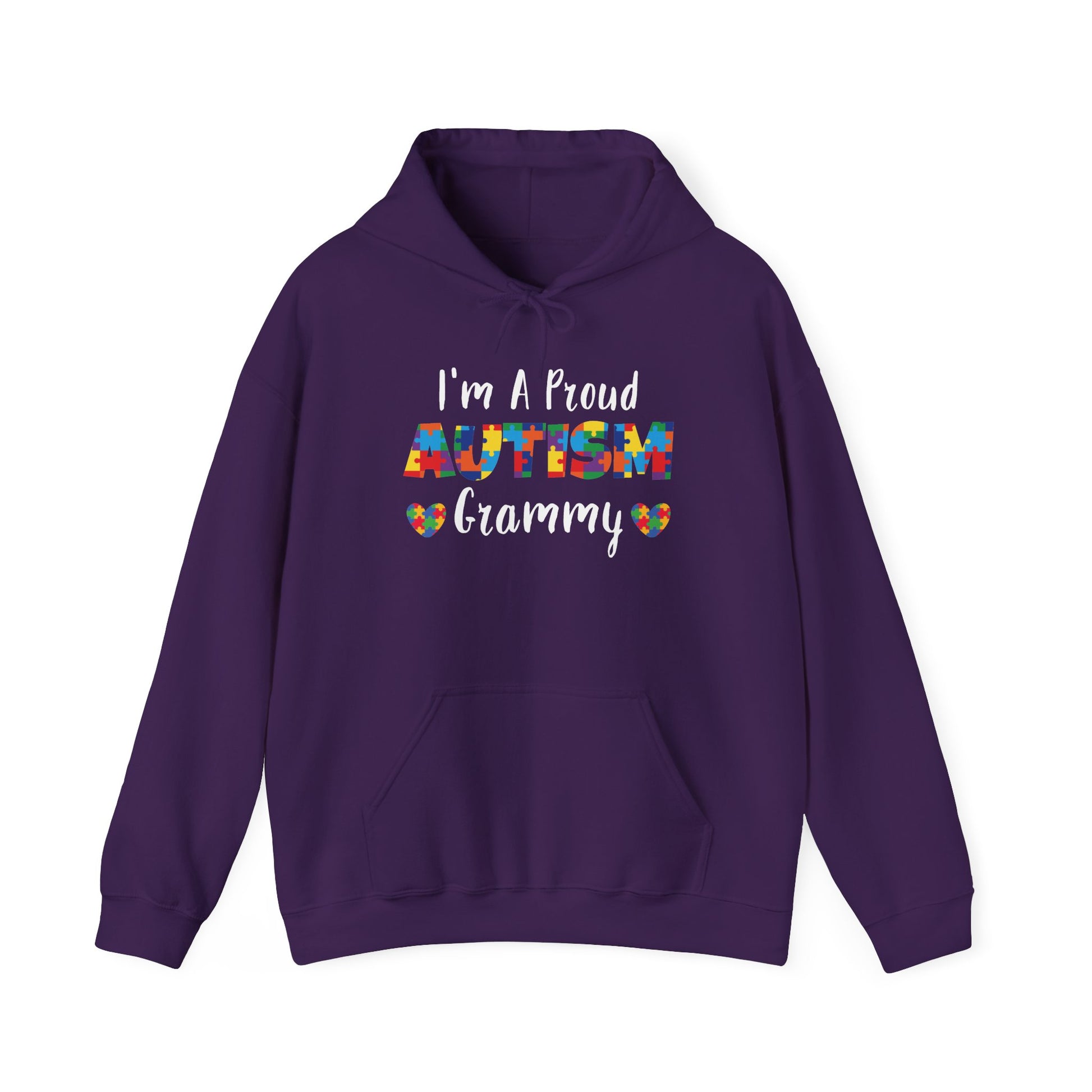 Purple I'm A Proud Autism Grammy hoodie with puzzle piece lettering and hearts