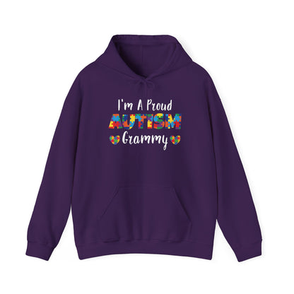 Purple I'm A Proud Autism Grammy hoodie with puzzle piece lettering and hearts