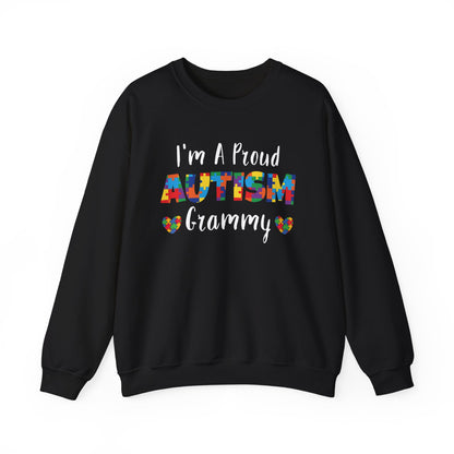 Black I'm A Proud Autism Grammy sweatshirt with puzzle piece lettering and hearts
