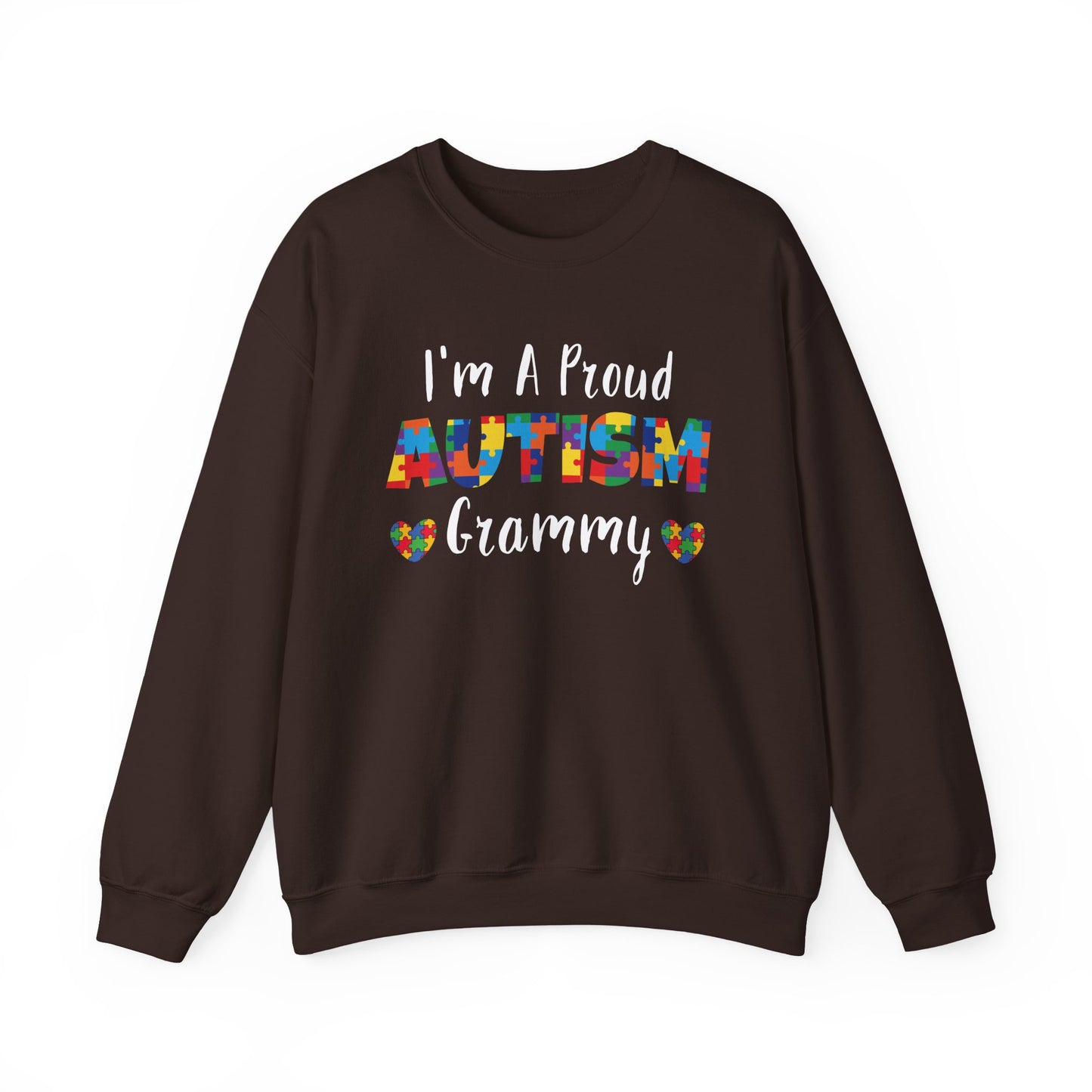 Dark chocolate I'm A Proud Autism Grammy sweatshirt with puzzle piece lettering and hearts
