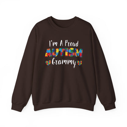 Dark chocolate I'm A Proud Autism Grammy sweatshirt with puzzle piece lettering and hearts