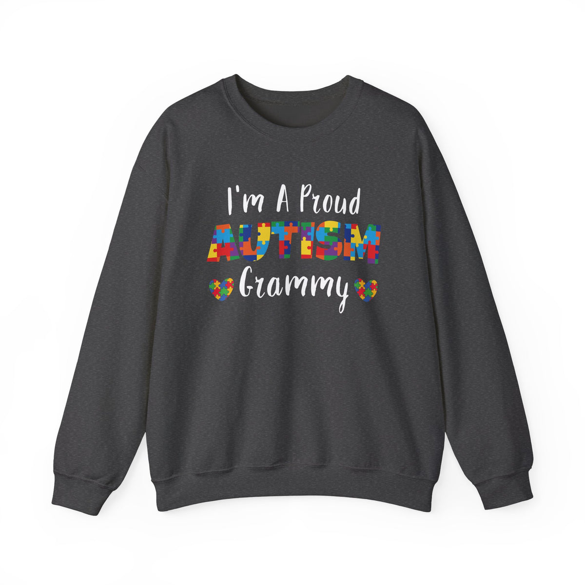 Dark heather I'm A Proud Autism Grammy sweatshirt with puzzle piece lettering and hearts
