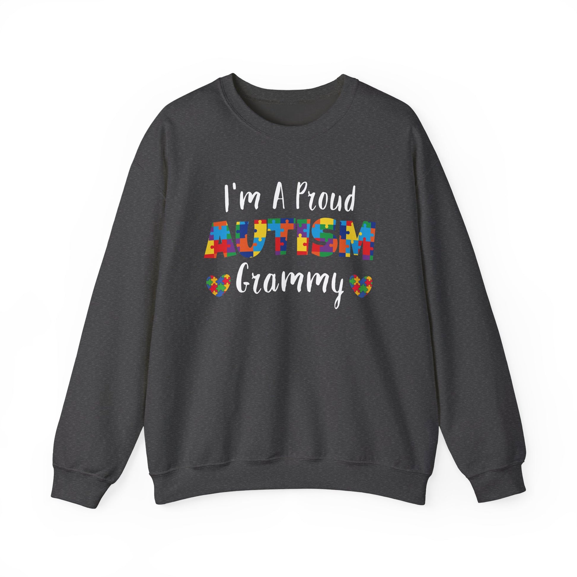 Dark heather I'm A Proud Autism Grammy sweatshirt with puzzle piece lettering and hearts