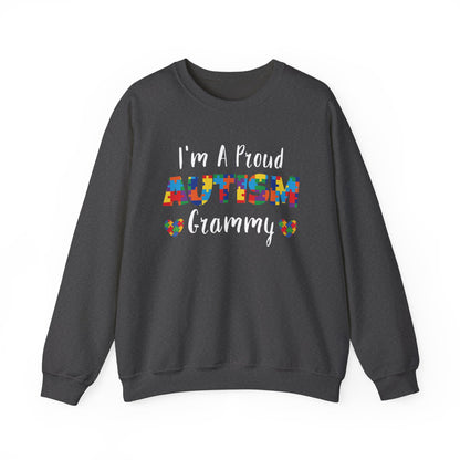 Dark heather I'm A Proud Autism Grammy sweatshirt with puzzle piece lettering and hearts