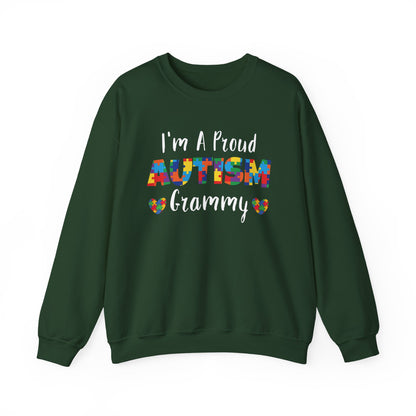 Forest green I'm A Proud Autism Grammy sweatshirt with puzzle piece lettering and hearts