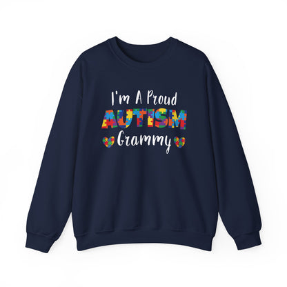 Navy I'm A Proud Autism Grammy sweatshirt with puzzle piece lettering and hearts