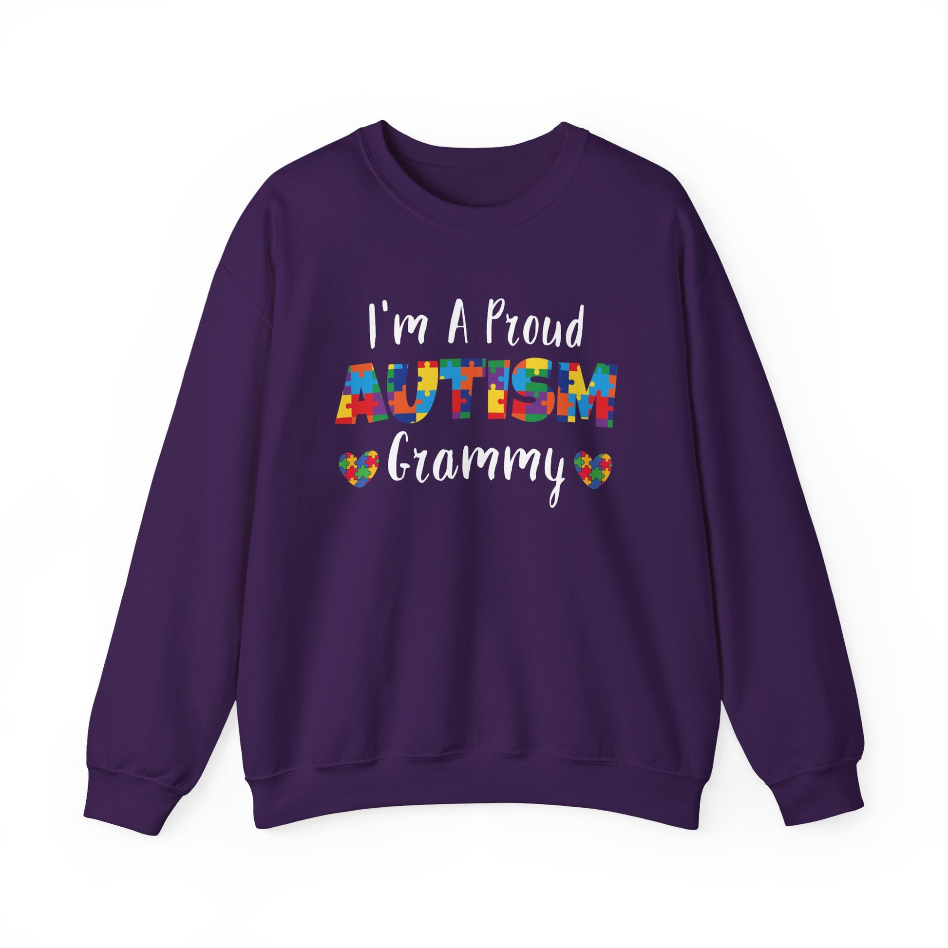 Purple I'm A Proud Autism Grammy sweatshirt with puzzle piece lettering and hearts