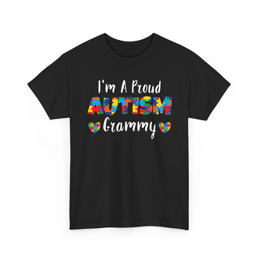 Black I'm A Proud Autism Grammy t-shirt with puzzle piece lettering and hearts