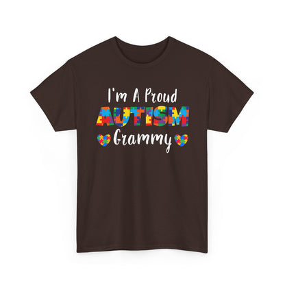 Dark chocolate I'm A Proud Autism Grammy t-shirt with puzzle piece lettering and hearts