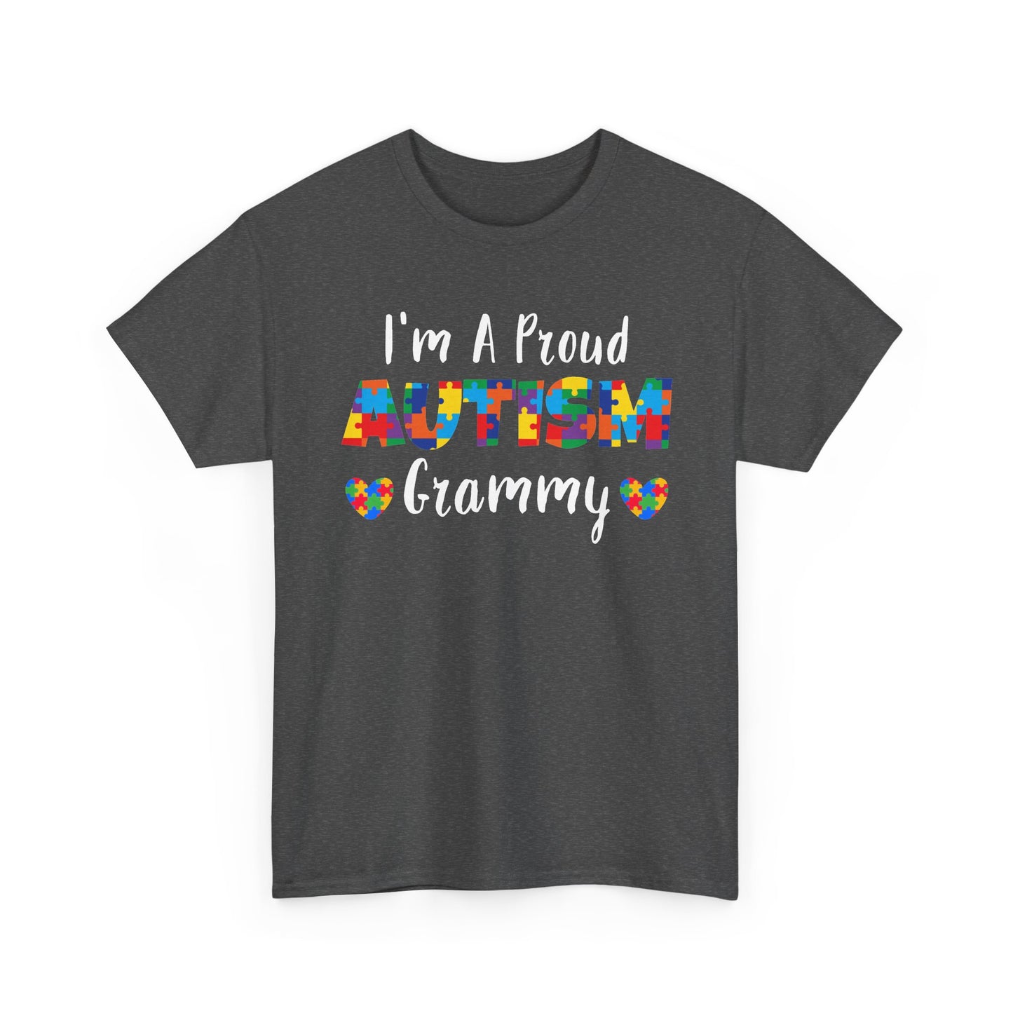Dark heather I'm A Proud Autism Grammy t-shirt with puzzle piece lettering and hearts
