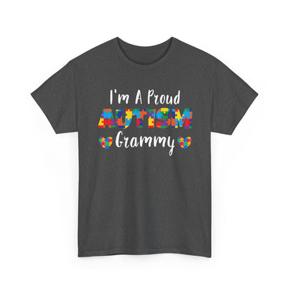 Dark heather I'm A Proud Autism Grammy t-shirt with puzzle piece lettering and hearts