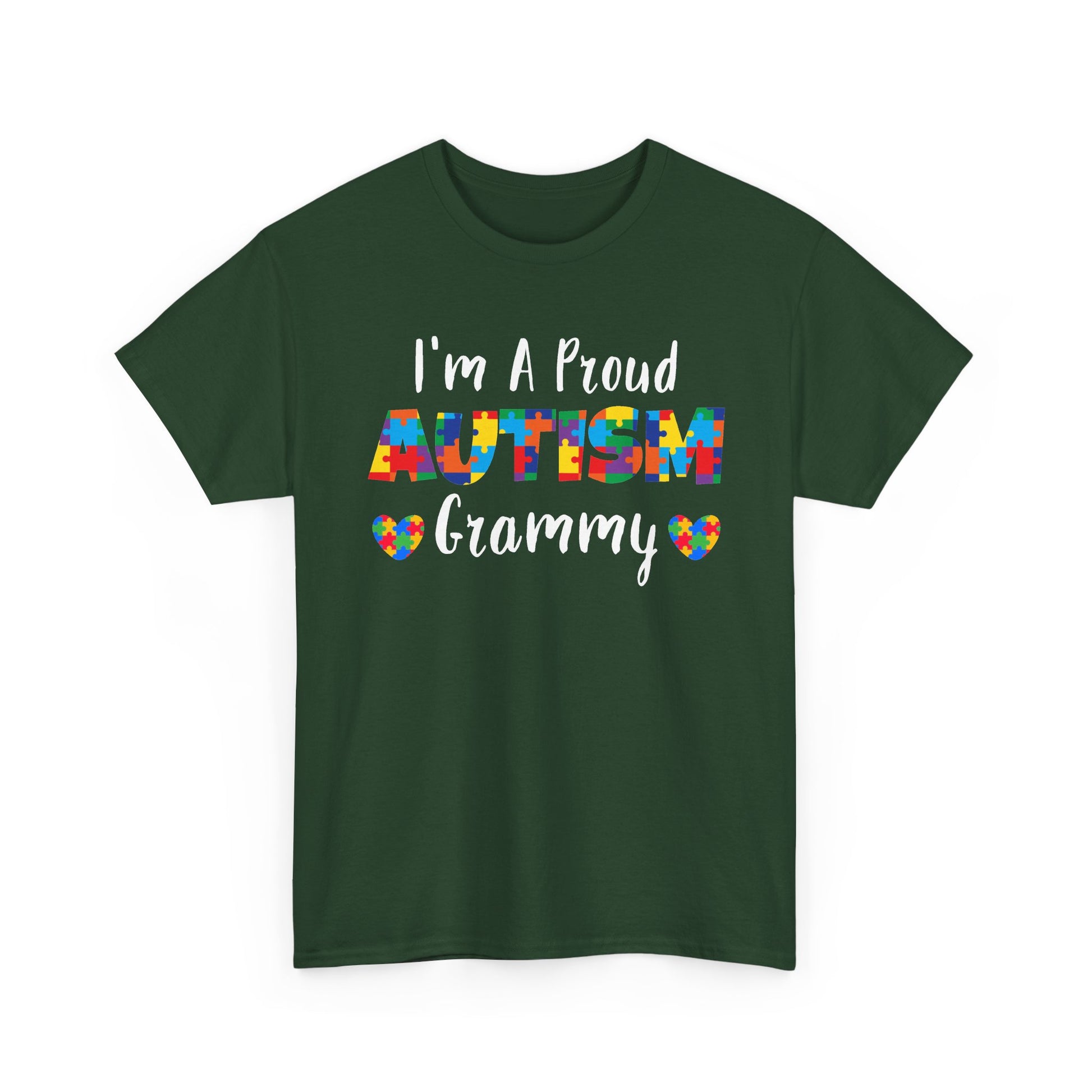 Forest green I'm A Proud Autism Grammy t-shirt with puzzle piece lettering and hearts