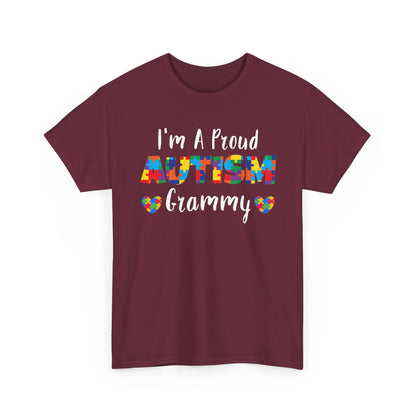 Maroon I'm A Proud Autism Grammy t-shirt with puzzle piece lettering and hearts