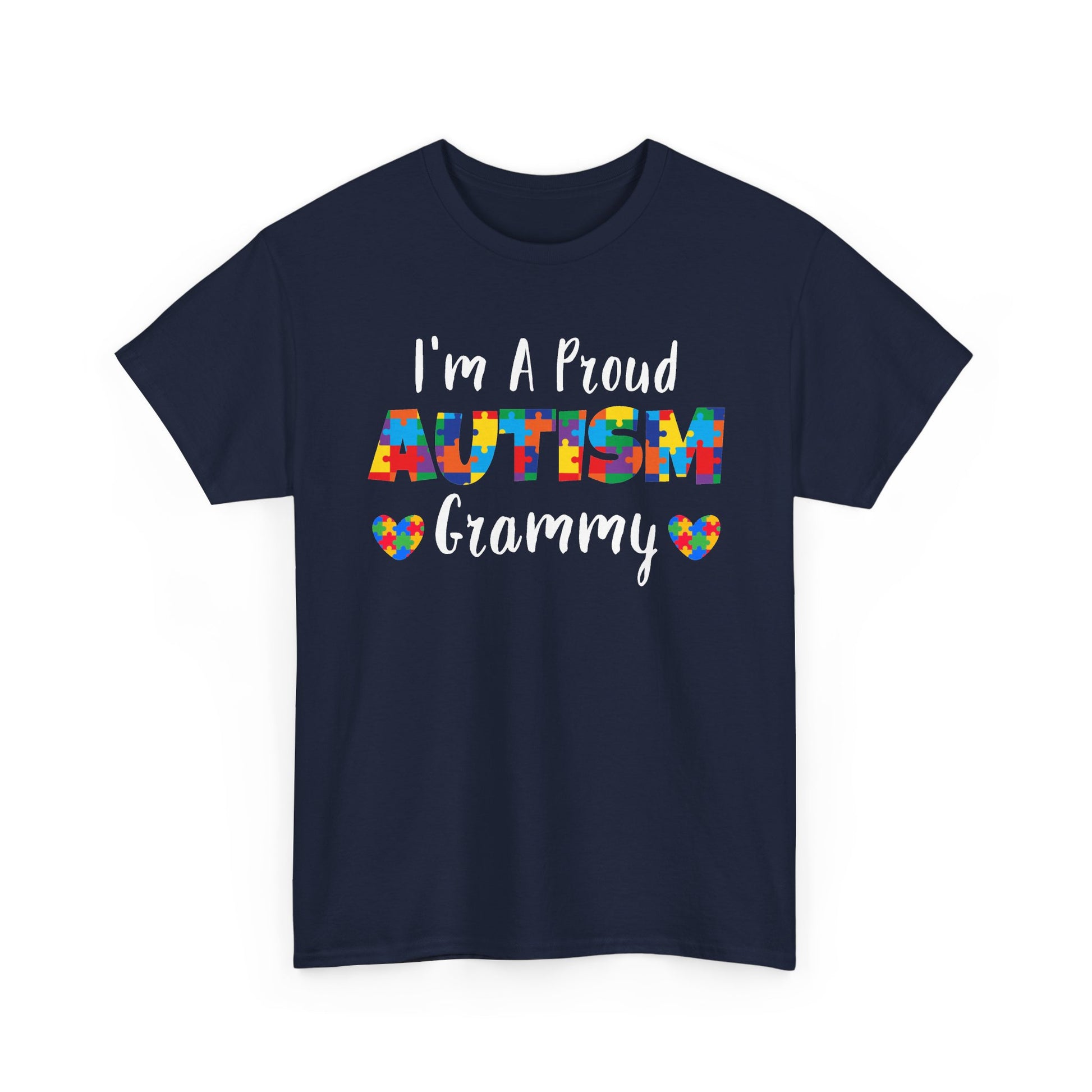Navy I'm A Proud Autism Grammy t-shirt with puzzle piece lettering and hearts