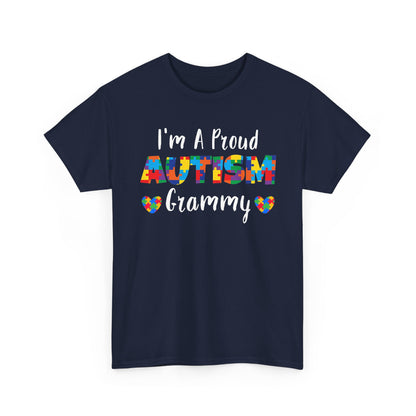 Navy I'm A Proud Autism Grammy t-shirt with puzzle piece lettering and hearts