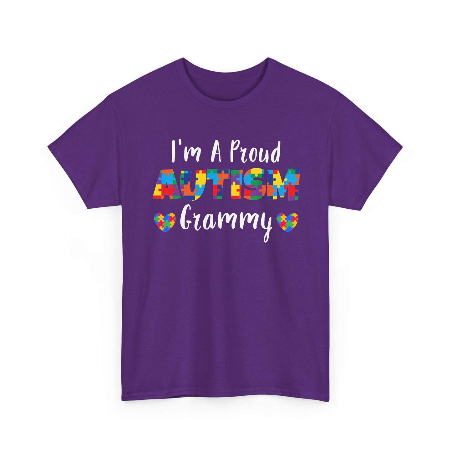 Purple I'm A Proud Autism Grammy t-shirt with puzzle piece lettering and hearts