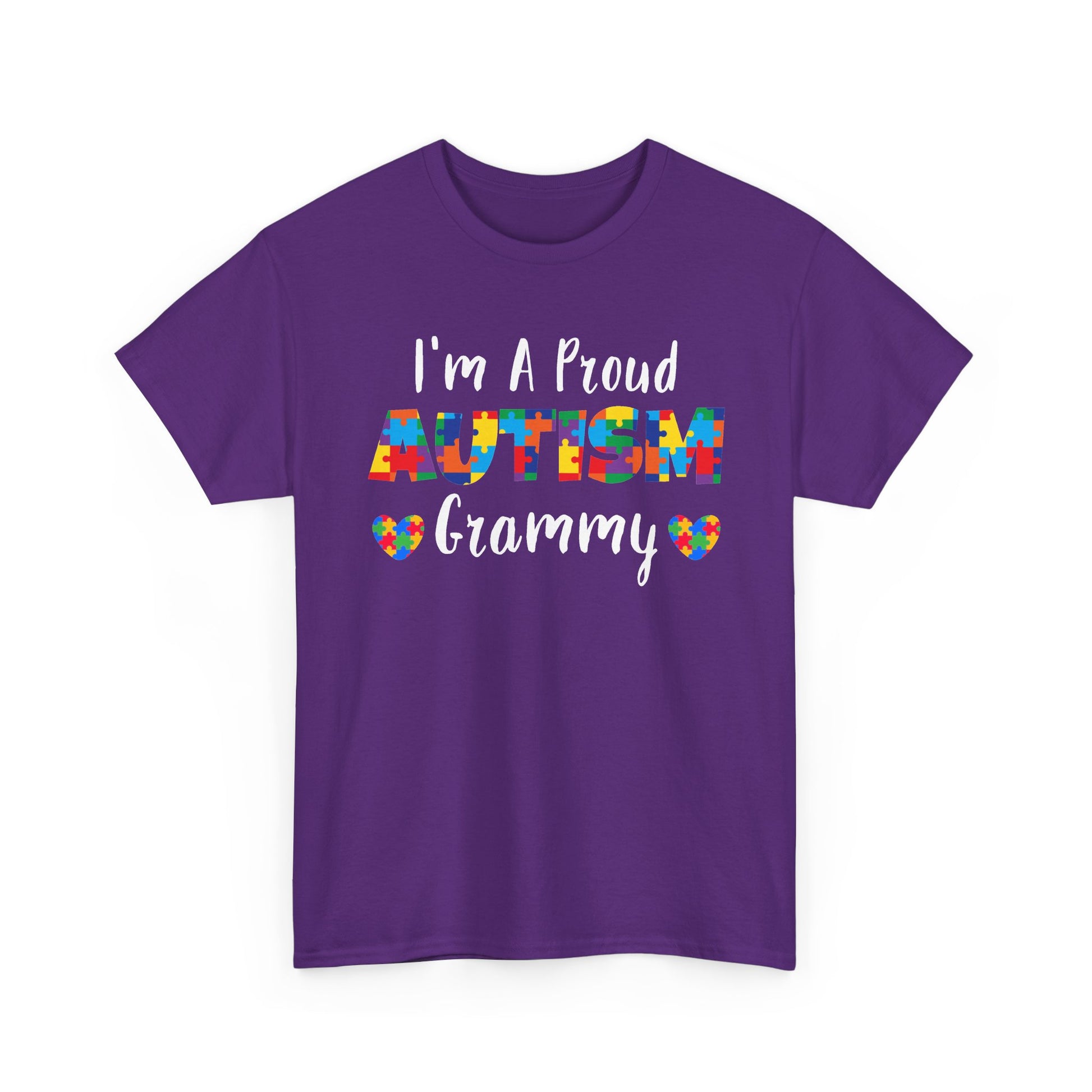 Purple I'm A Proud Autism Grammy t-shirt with puzzle piece lettering and hearts