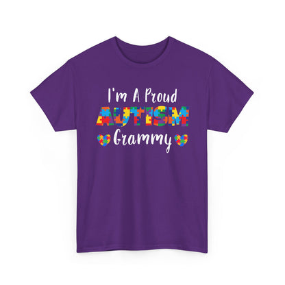 Purple I'm A Proud Autism Grammy t-shirt with puzzle piece lettering and hearts