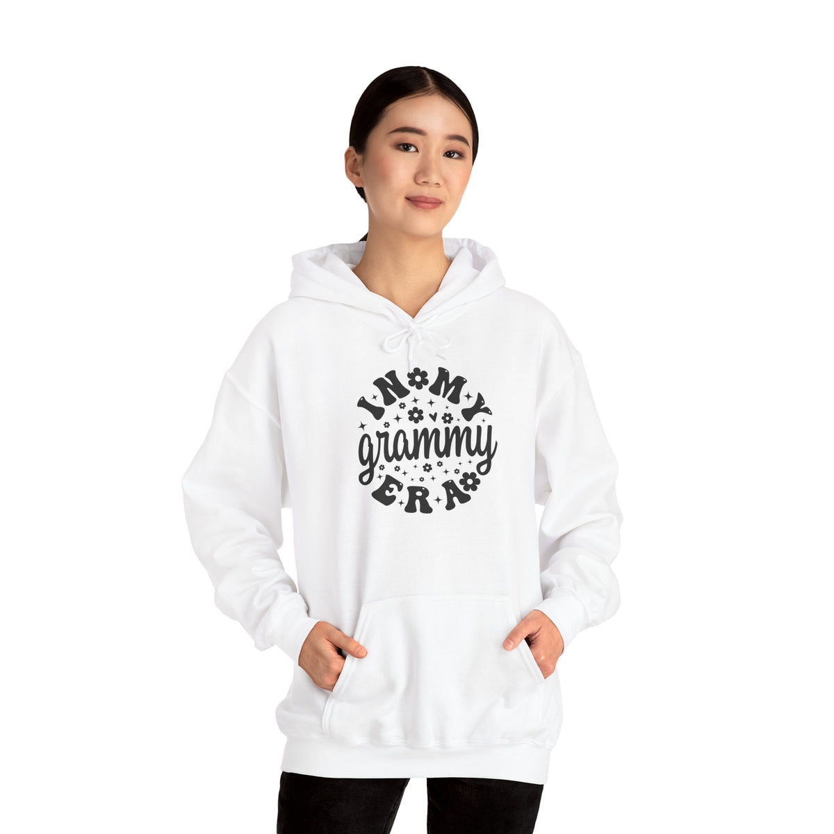 Model wearing the In My Grammy Era retro daisy hoodie