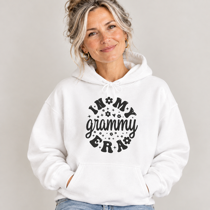 Woman wearing the In My Grammy Era retro daisy hoodie