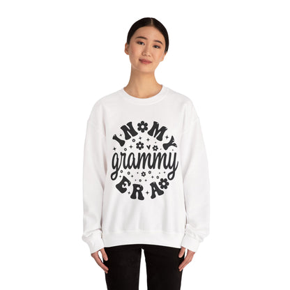 Woman wearing the In My Grammy Era retro daisy sweatshirt, front view
