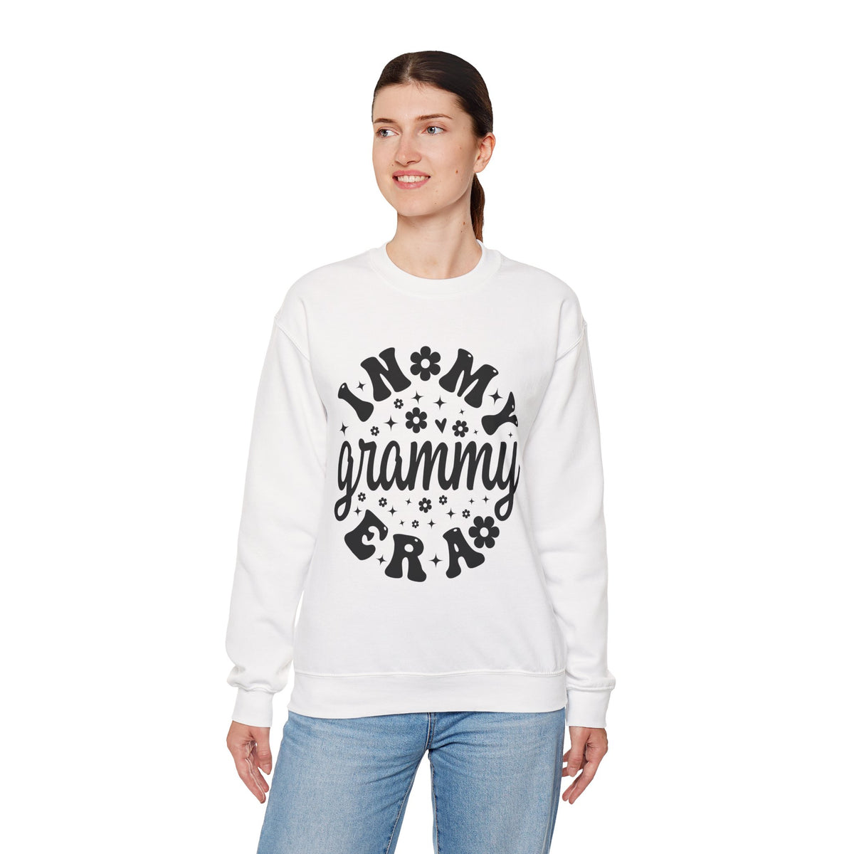 Woman wearing the In My Grammy Era retro daisy sweatshirt, side view