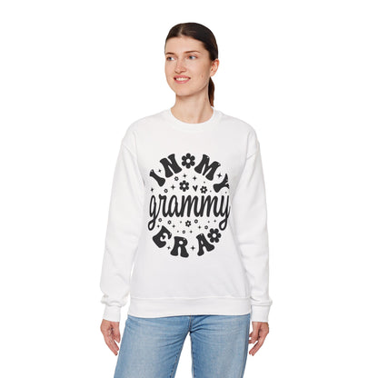 Woman wearing the In My Grammy Era retro daisy sweatshirt, side view