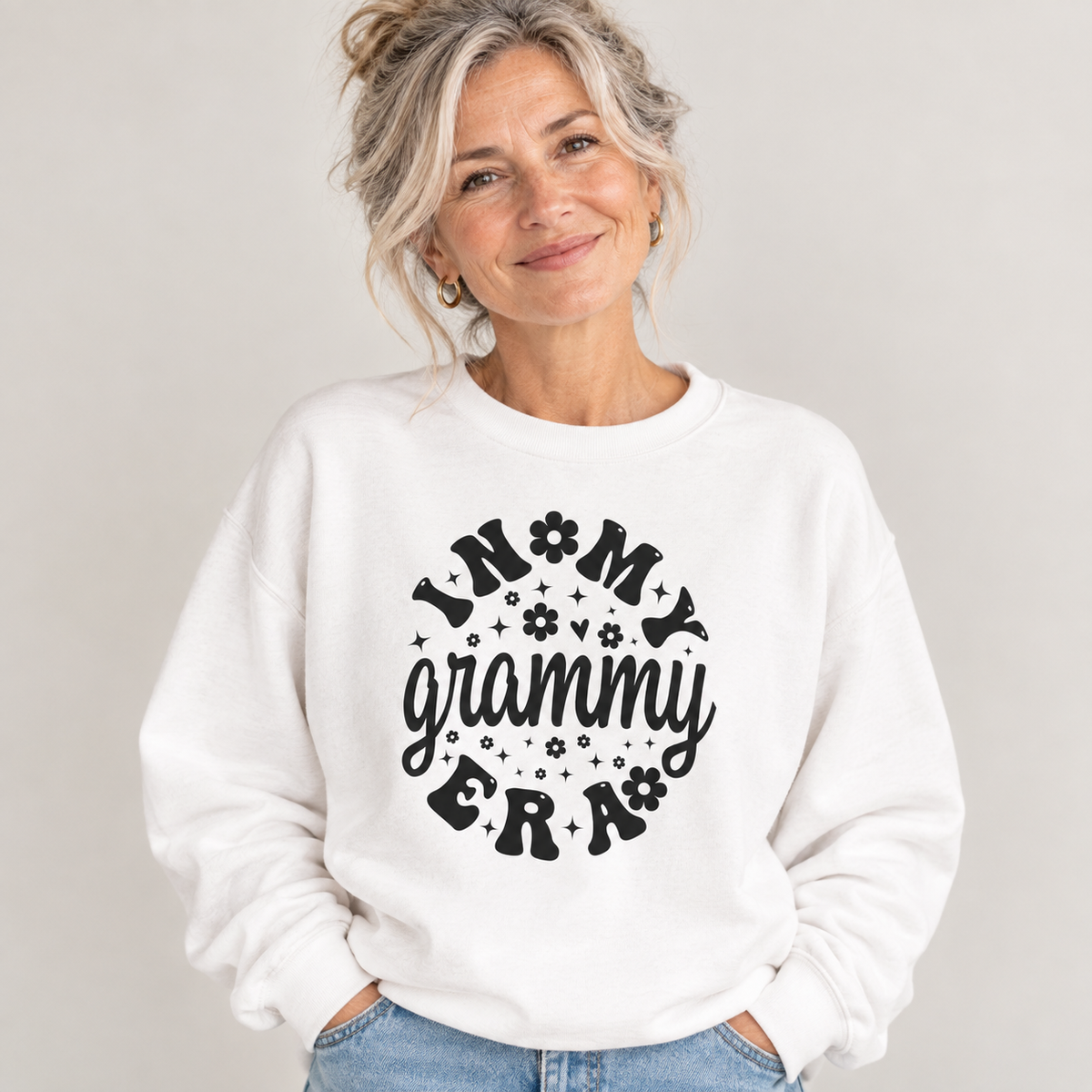 Woman wearing the In My Grammy Era retro daisy sweatshirt